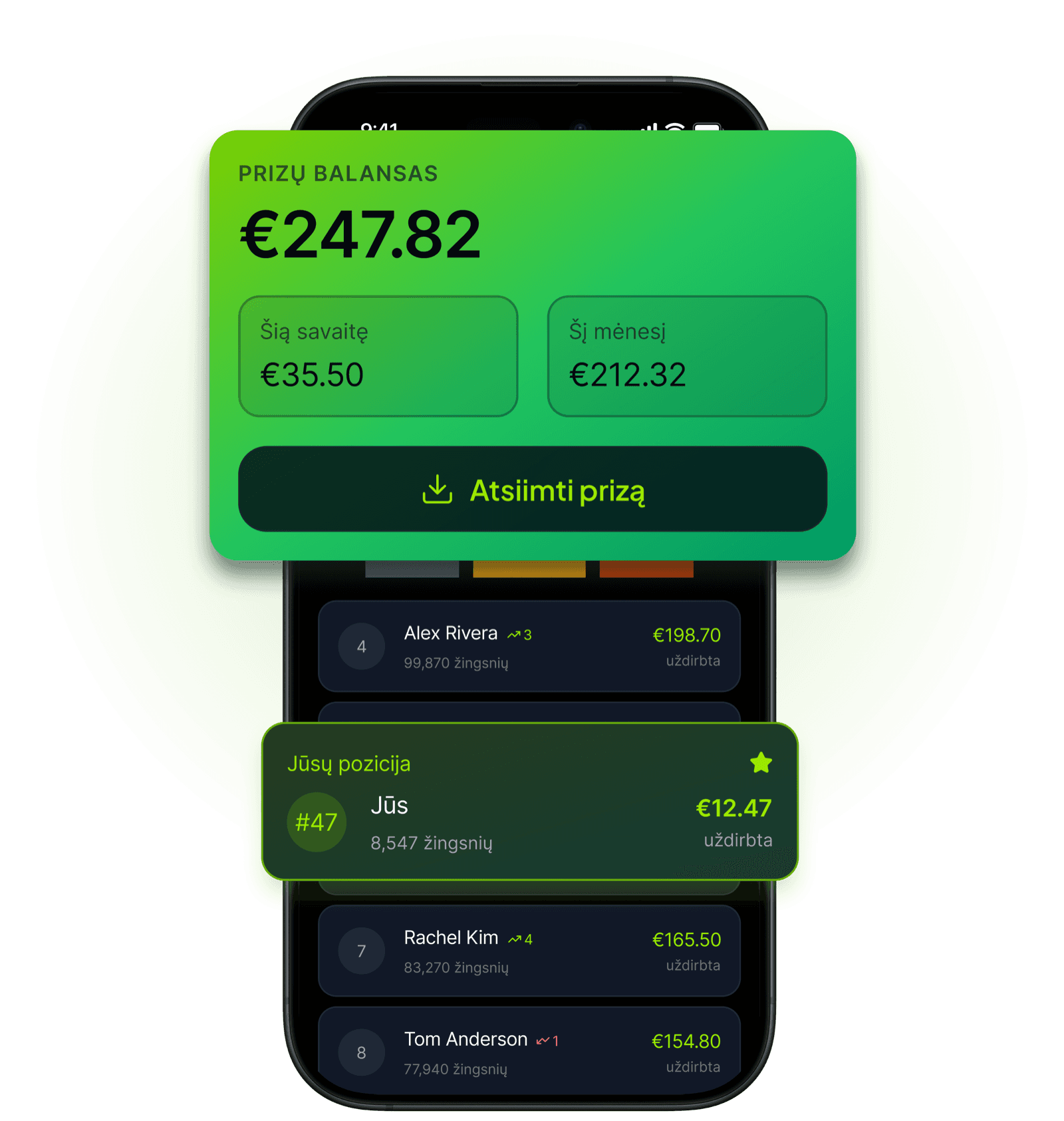 Move2Money programėlė — prizų balansas ir lyderių lentelė