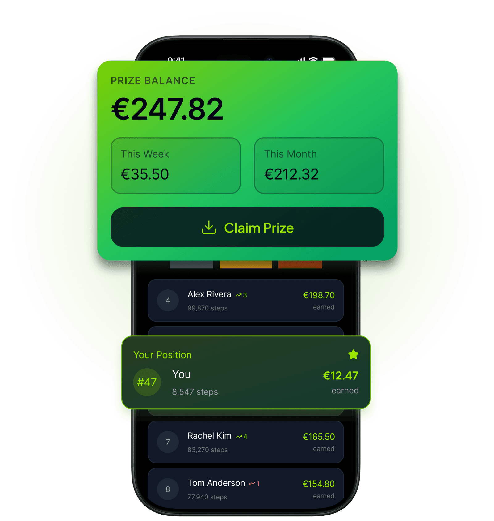 Move2Money app — prize balance and leaderboard